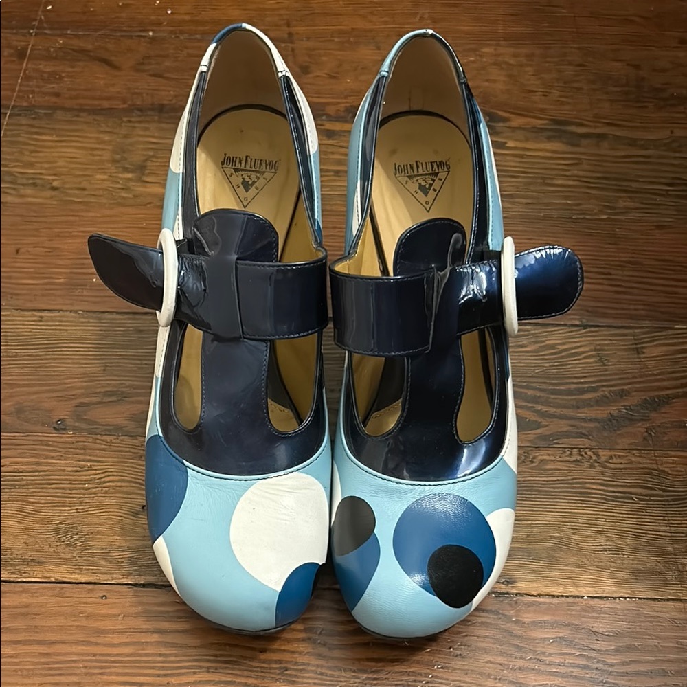 John Fluevog Blue and White Heels Mary Jane style
